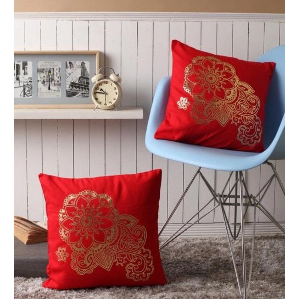 Pack Of_2 Cotton Printed Cushion Cover Sets (Red, Size: 16x16 In)