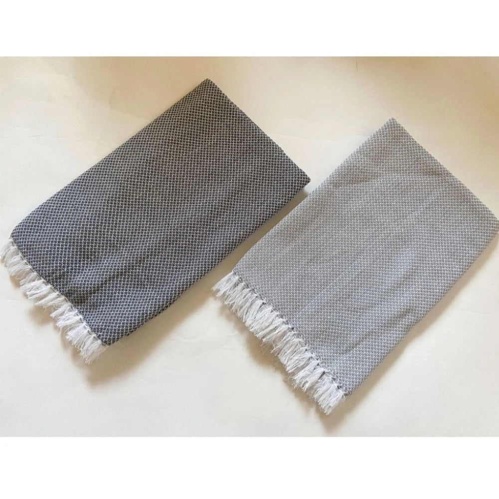 Pack Of_2 Cotton Checked  Bath Towels (Grey, Size: 28x59 In)