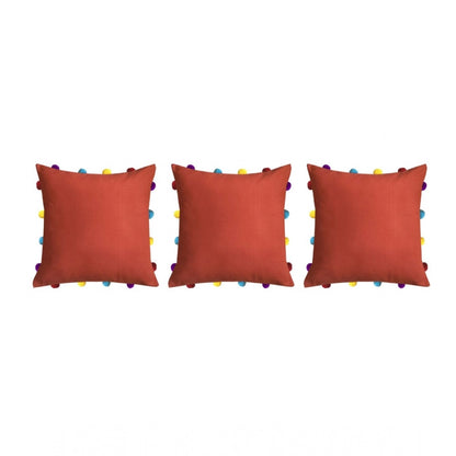 Cotton Solid Pom Pom Cushion Covers (Orange, Size: 14x14 In)