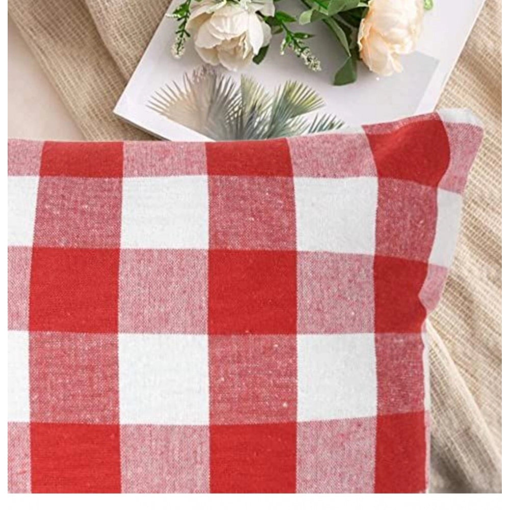 Pack Of_4 Cotton Checkered Cushion Cover With Pom Pom (Red, Size: 20x20 In)