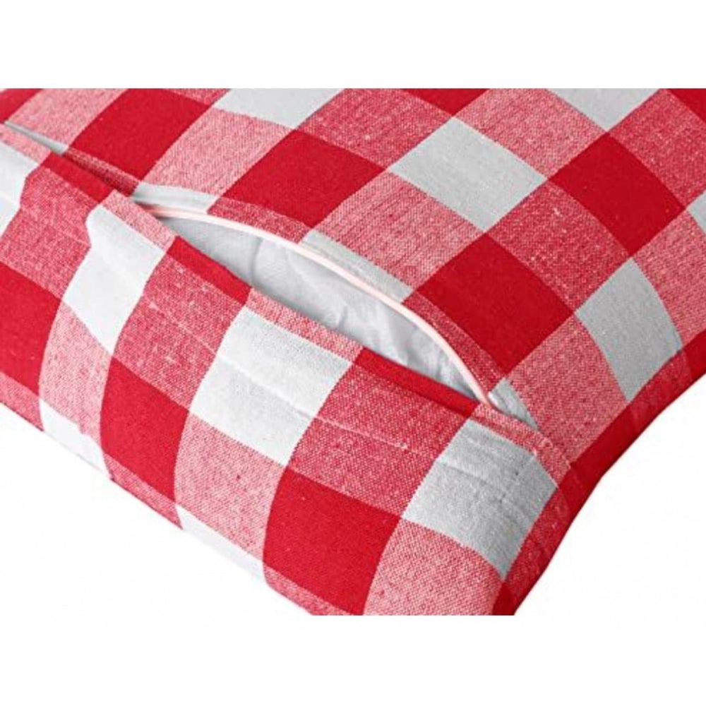 Pack Of_4 Cotton Checkered Cushion Cover With Pom Pom (Red, Size: 20x20 In)