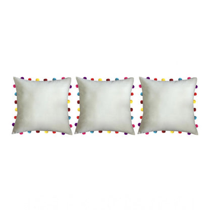 Cotton Solid Pom Pom Cushion Covers (Off-white, Size: 18x18 In)