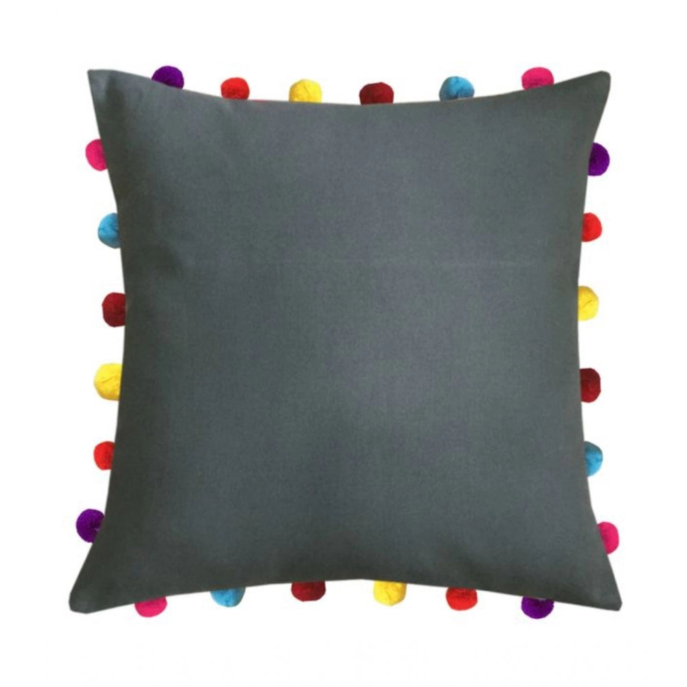 Cotton Solid Pom Pom Cushion Covers (Grey, Size: 18x18 In)