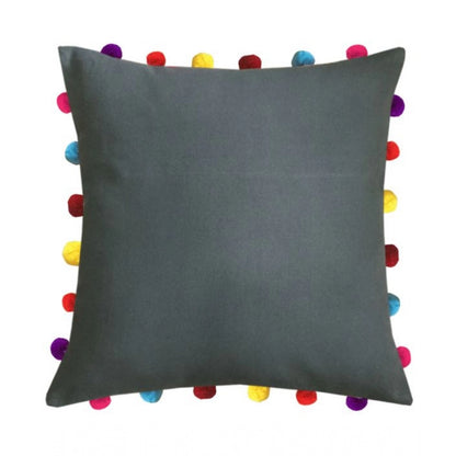 Cotton Solid Pom Pom Cushion Covers (Grey, Size: 18x18 In)