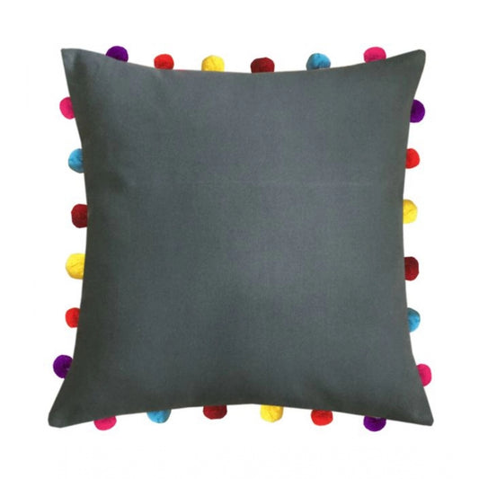 Cotton Solid Pom Pom Cushion Covers (Grey, Size: 18x18 In)