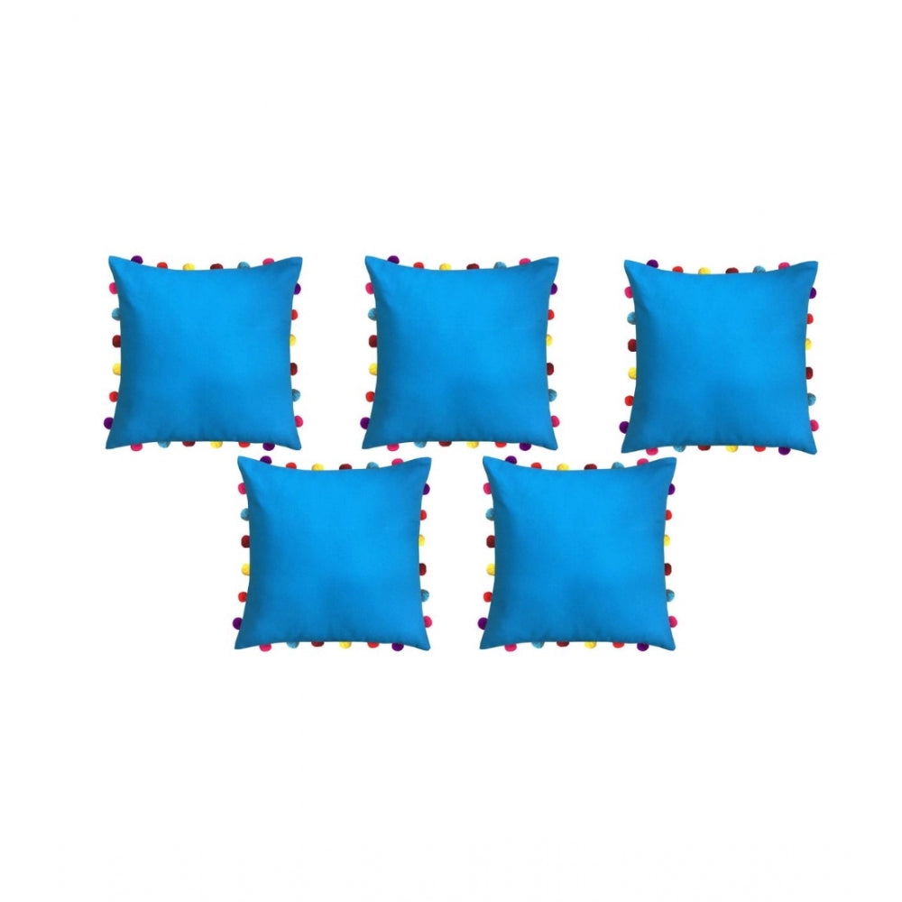 Cotton Solid Pom Pom Cushion Covers (Blue, Size: 18x18 In)