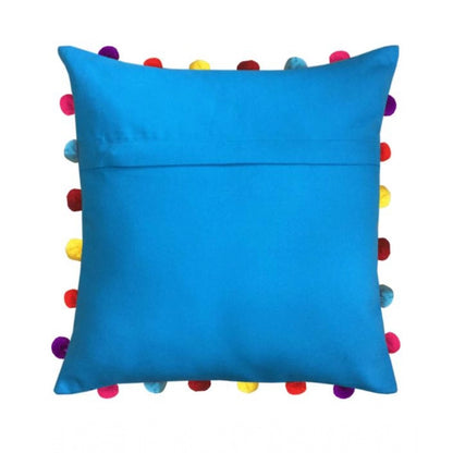 Cotton Solid Pom Pom Cushion Covers (Blue, Size: 18x18 In)