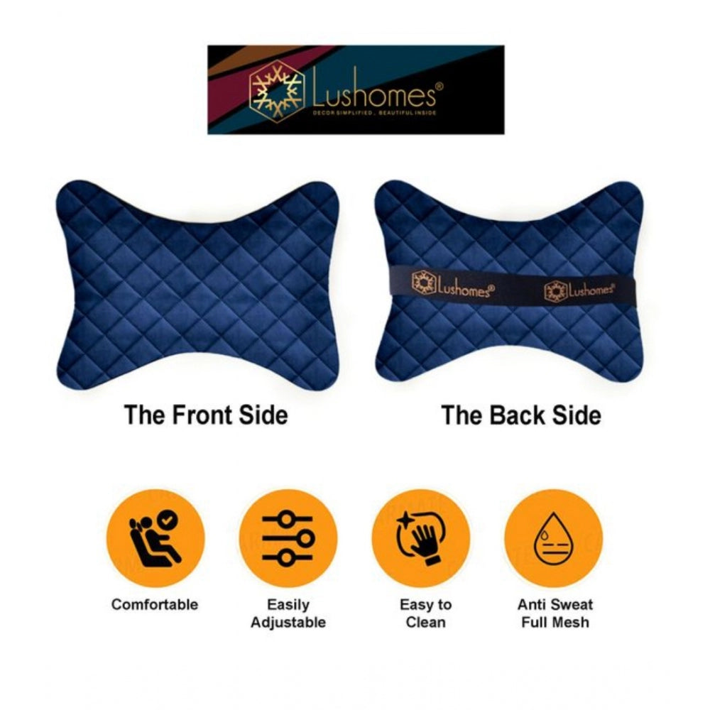 Pack Of_2 Velvet Checked  Bone Neck Pillow (Navy Blue, Size: 6x10 In)