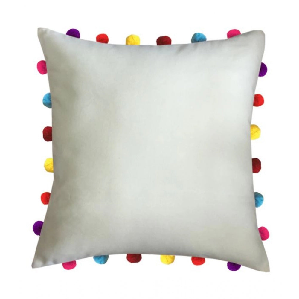 Cotton Solid Pom Pom Cushion Covers (Off-white, Size: 18x18 In)