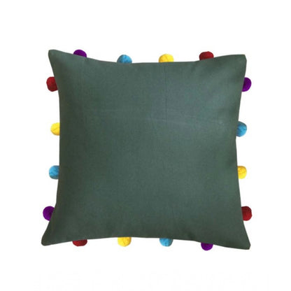 Cotton Solid Pom Pom Cushion Covers (Green, Size: 14x14 In)