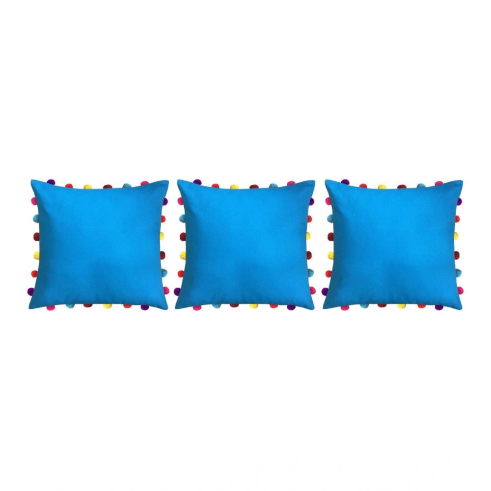 Cotton Solid Pom Pom Cushion Covers (Blue, Size: 18x18 In)