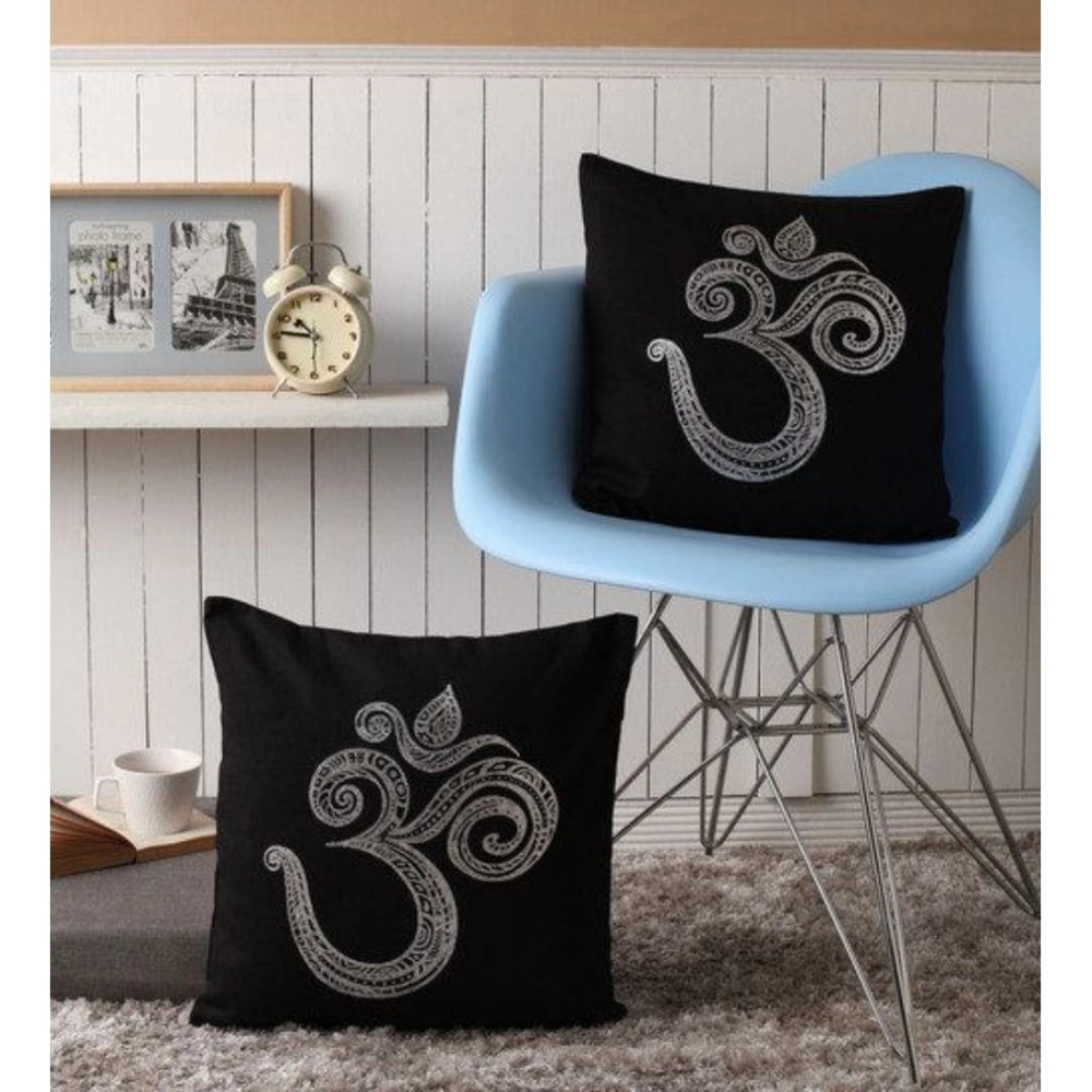 Pack Of_2 Cotton Printed Cushion Cover Sets (Black, Size: 16x16 In)