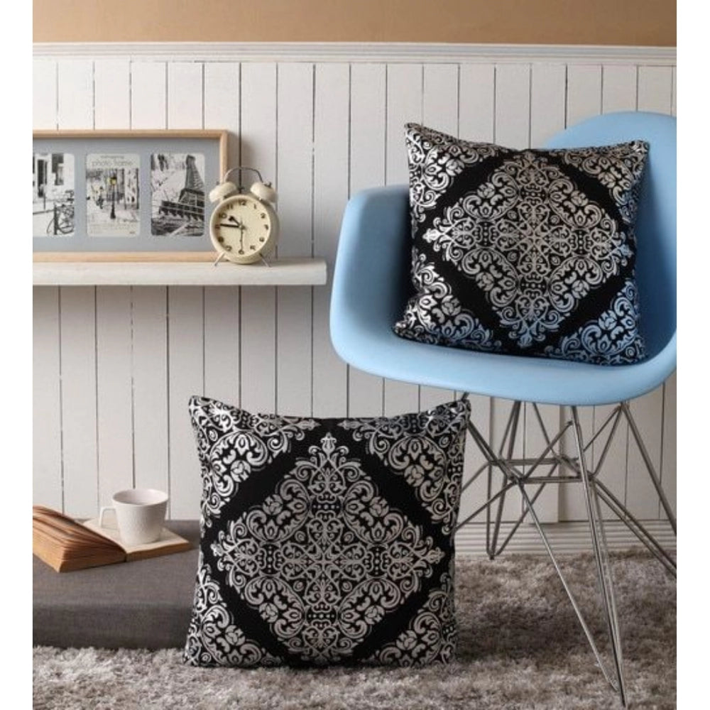 Pack Of_2 Cotton Printed Cushion Cover Sets (Black, Size: 16x16 In)