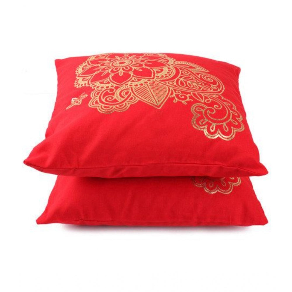 Pack Of_2 Cotton Printed Cushion Cover Sets (Red, Size: 16x16 In)