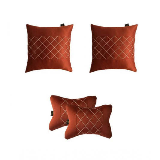 Pack Of_4 Faux Leather Printed Car Pillow Sets (Brown, Size: 12x12 In)