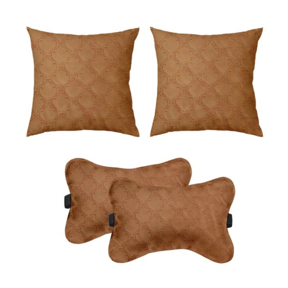 Pack Of_4 Polyester Printed Car Pillow Sets (Brown, Size: 12x12 In)