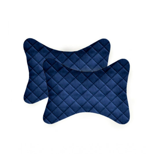 Pack Of_2 Velvet Checked  Bone Neck Pillow (Navy Blue, Size: 6x10 In)