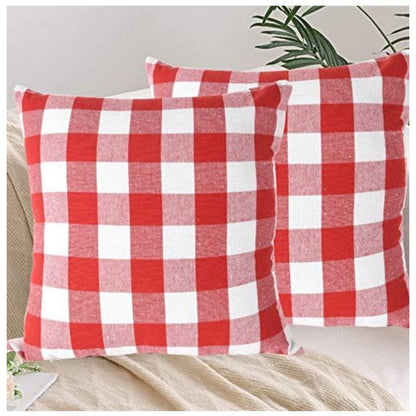 Pack Of_4 Cotton Checkered Cushion Cover With Pom Pom (Red, Size: 20x20 In)