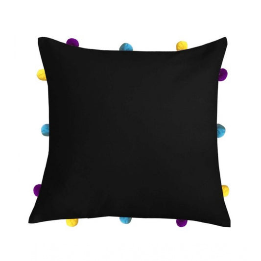 Cotton Solid Pom Pom Cushion Covers (Black, Size: 12x12 In)