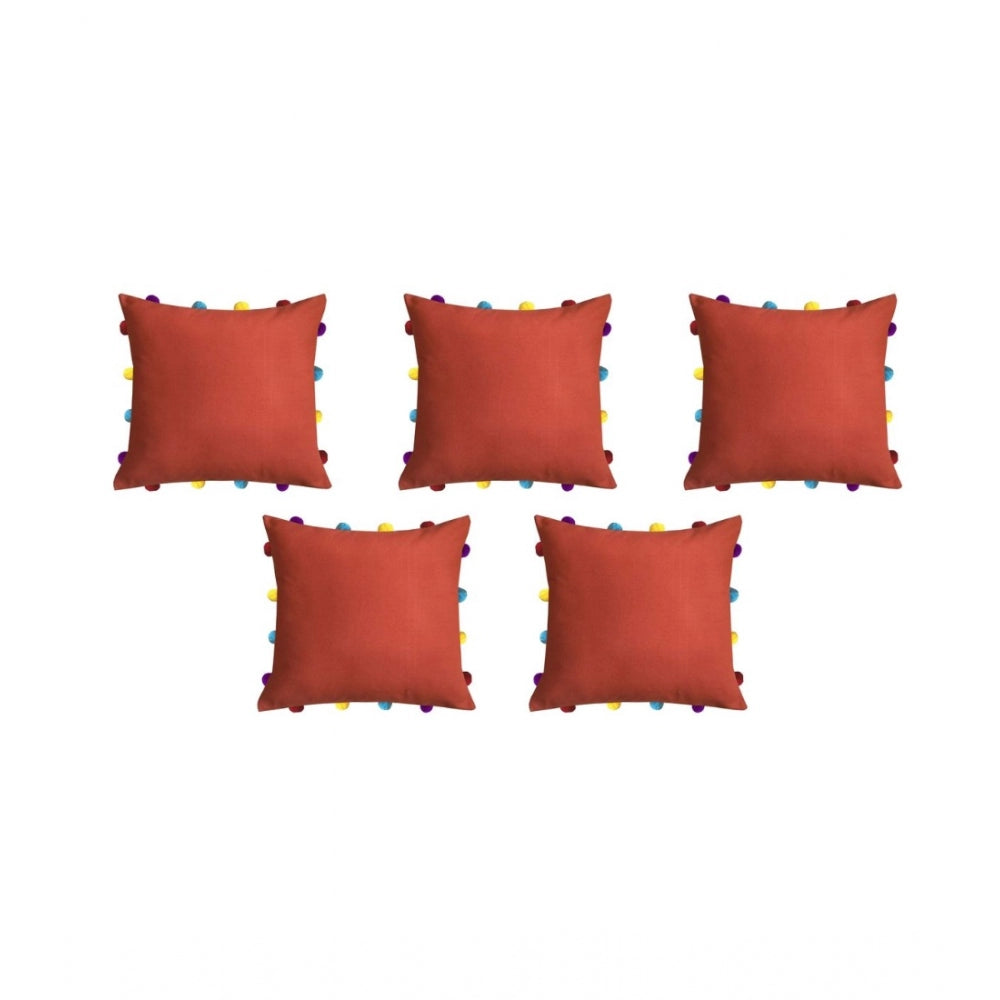 Cotton Solid Pom Pom Cushion Covers (Orange, Size: 14x14 In)