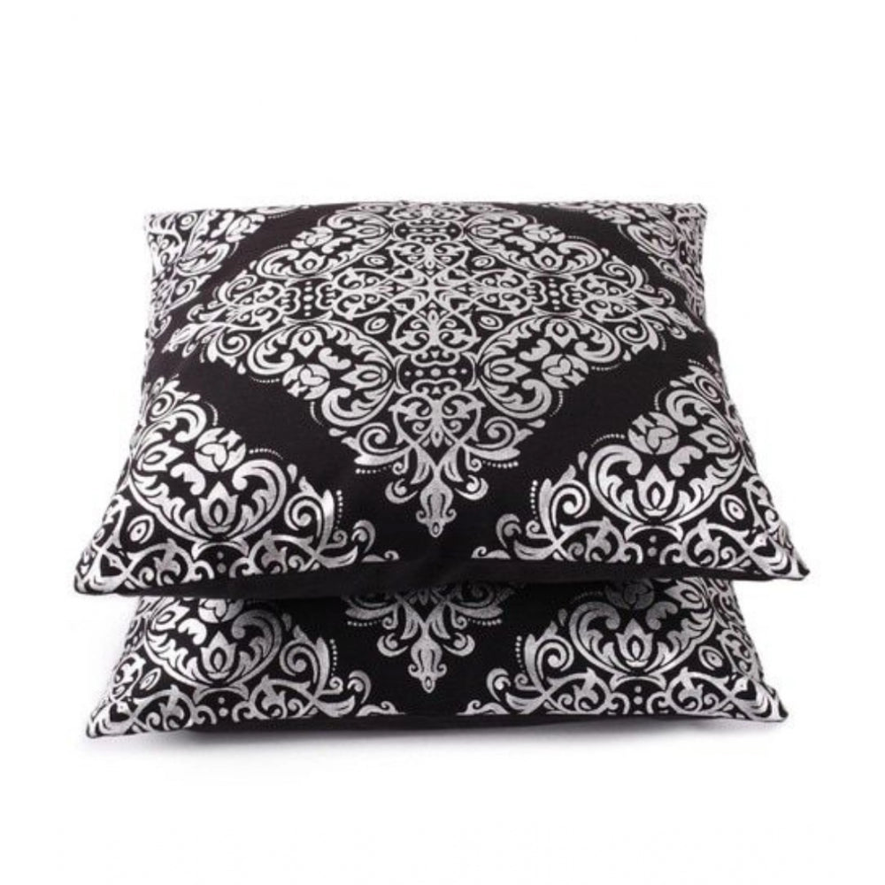 Pack Of_2 Cotton Printed Cushion Cover Sets (Black, Size: 16x16 In)