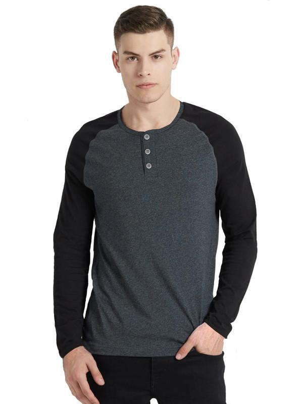 Cotton Solid Full Sleeves Henley Neck T-Shirt