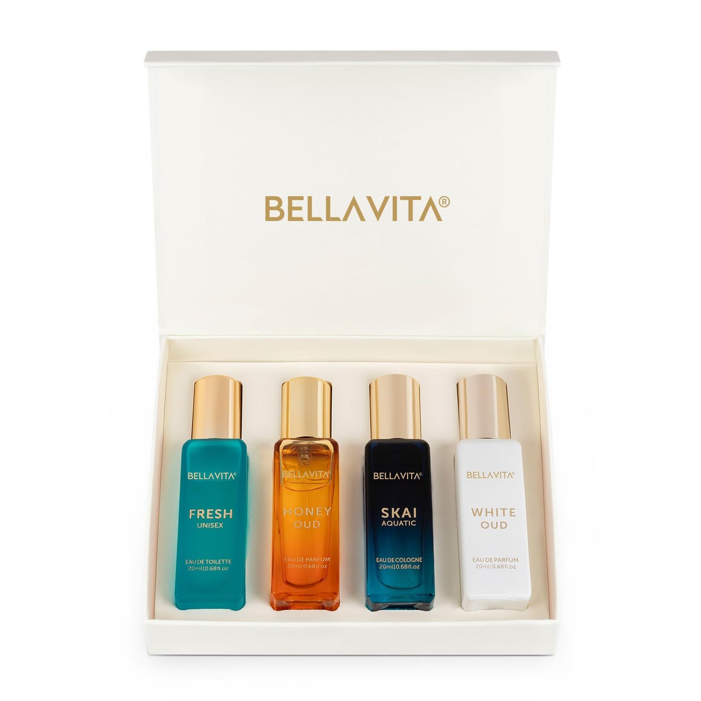 Bella Vita Luxury Unisex Eau De Parfum Gift Set 4 x 20ml for Men & Women with SKAI, FRESH, WHITEOUD, HONEY OUD Perfume