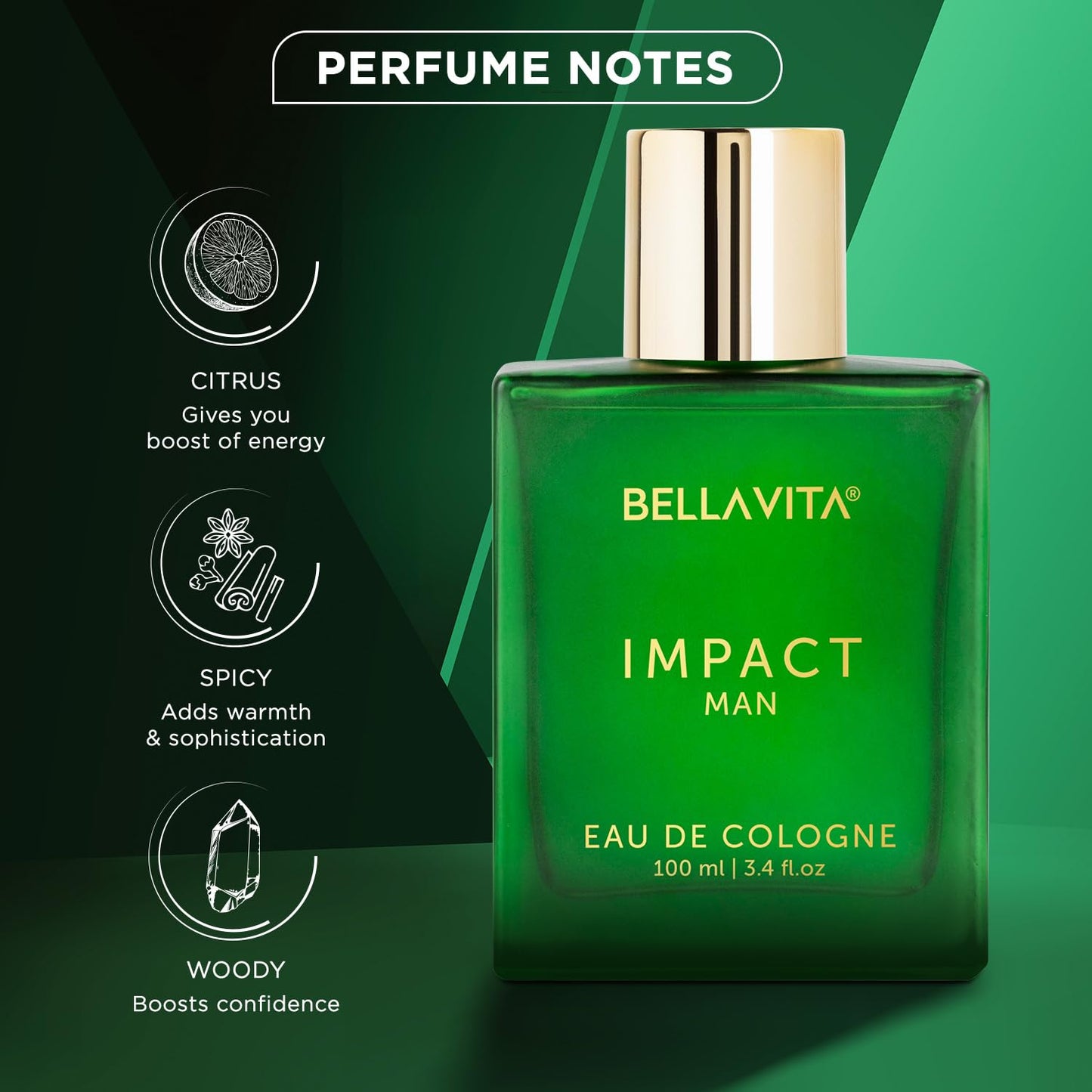 Bella Vita Luxury IMPACT MAN Eau De Cologne Perfume with Mandarin Orange, Patchouli, Cedar | Woody, Citrusy Long Lasting EDC Fragrance Scent for Men 100Ml