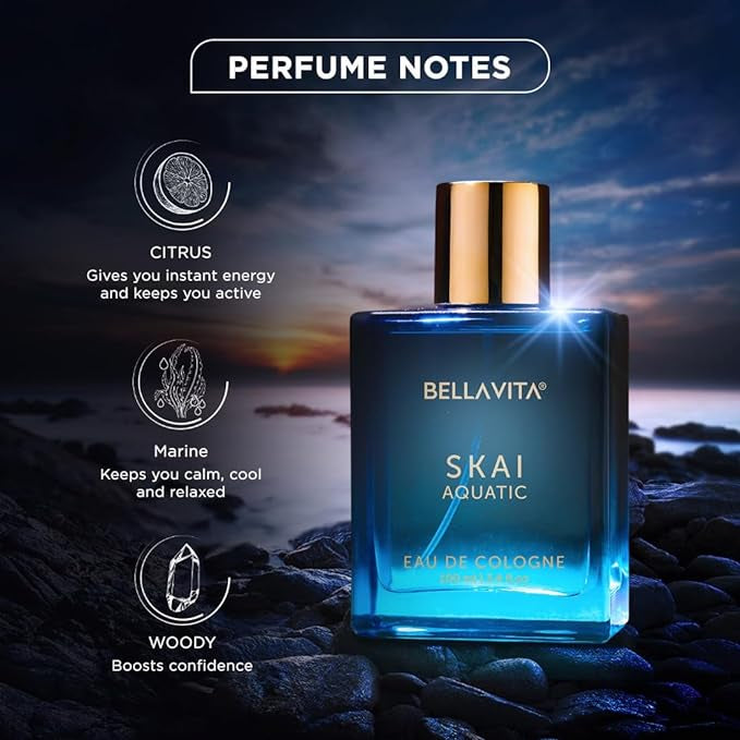 Bella Vita Luxury Skai Aquatic Unisex Eau De Cologne with Bergamot, Lavender & Patchouli|Premium, Long Lasting Woody Fragrance for Men & Women, 100 ML