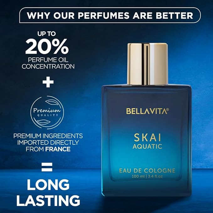 Bella Vita Luxury Skai Aquatic Unisex Eau De Cologne with Bergamot, Lavender & Patchouli|Premium, Long Lasting Woody Fragrance for Men & Women, 100 ML