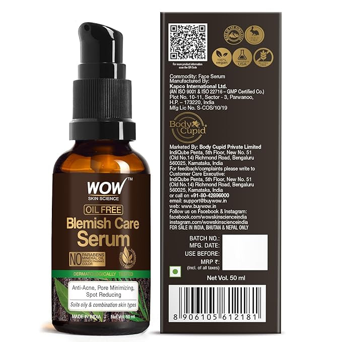 WOW Skin Science Blemish Care Serum - OIL FREE - Anti Acne, Spot Reducing - No Parabens, Silicones, Synthetic Fragrance & Color - 50mL