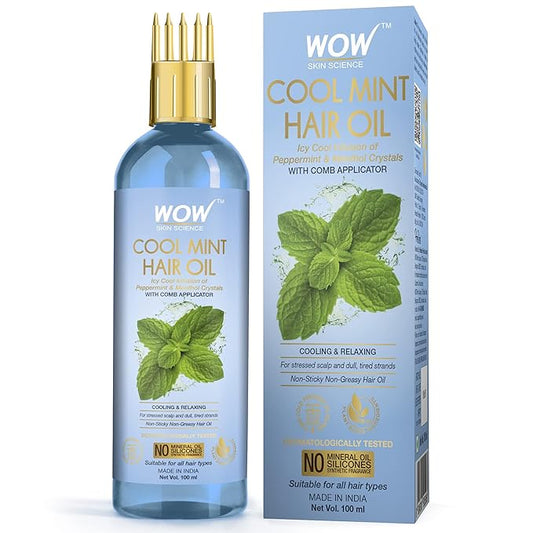 WOW Skin Science Cool Mint Hair Oil - with Comb Applicator - Non Sticky & Non Greasy - for All Hair Types - No Mineral Oil, Silicones, Synthetic Fragrance - 100mL