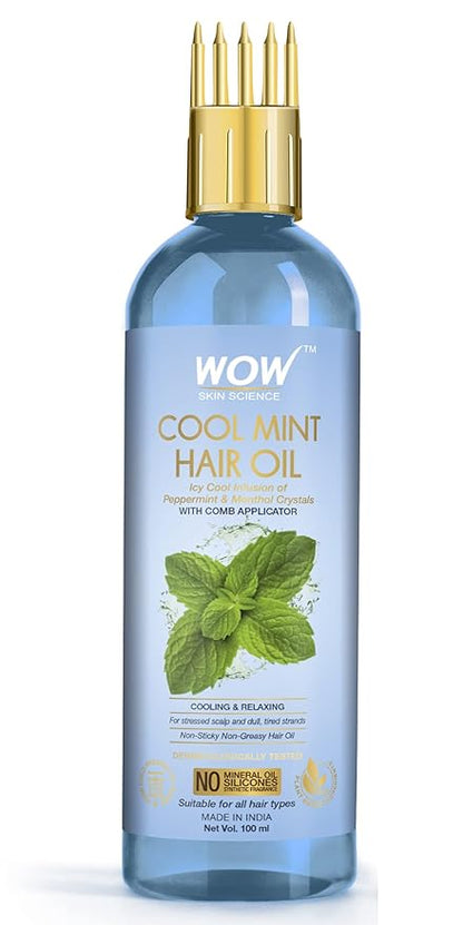 WOW Skin Science Cool Mint Hair Oil - with Comb Applicator - Non Sticky & Non Greasy - for All Hair Types - No Mineral Oil, Silicones, Synthetic Fragrance - 100mL