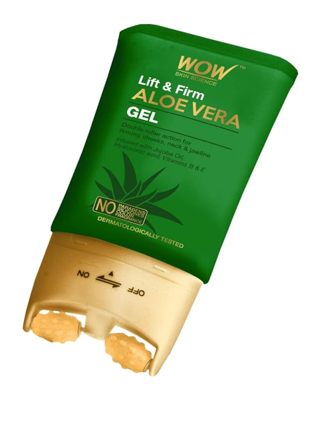 WOW Skin Science Lift & Firm Aloe Vera Gel infused with Hyaluronic Acid, Vitamin B & E,with Double Roller Massager for firming Cheeks, Neck & Jawline - No Parabens, Silicones, Color & Fragrance -120mL