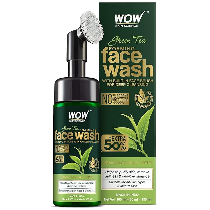 WOW Skin Science Green Tea Foaming Face Wash with Built-In Face Brush - for Treating Acne and Unclogging Pores - 150mL