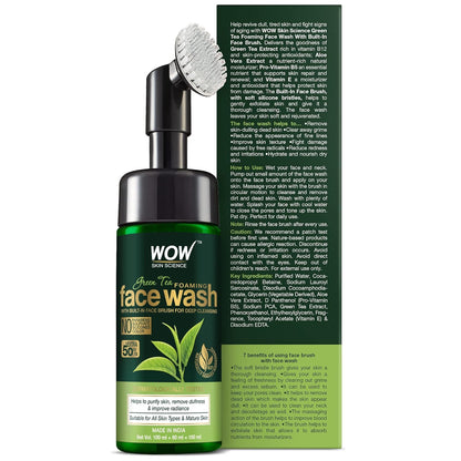 WOW Skin Science Green Tea Foaming Face Wash with Built-In Face Brush - for Treating Acne and Unclogging Pores - 150mL