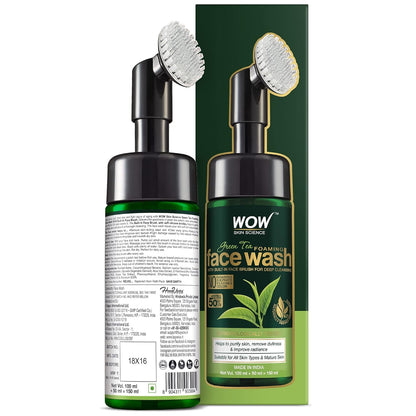 WOW Skin Science Green Tea Foaming Face Wash with Built-In Face Brush - for Treating Acne and Unclogging Pores - 150mL