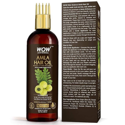 WOW Skin Science Amla Hair Oil - Pure Cold Pressed Indian Gooseberry Oil - Intensive Hair Care - with Comb Applicator - Non-Sticky & Non-Greasy - No Mineral Oil, Silicones, Synthetic Fragrance - 200mL