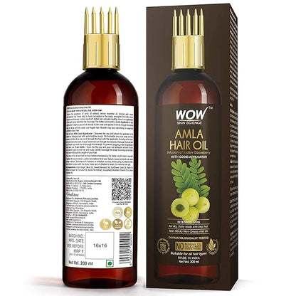 WOW Skin Science Amla Hair Oil - Pure Cold Pressed Indian Gooseberry Oil - Intensive Hair Care - with Comb Applicator - Non-Sticky & Non-Greasy - No Mineral Oil, Silicones, Synthetic Fragrance - 200mL