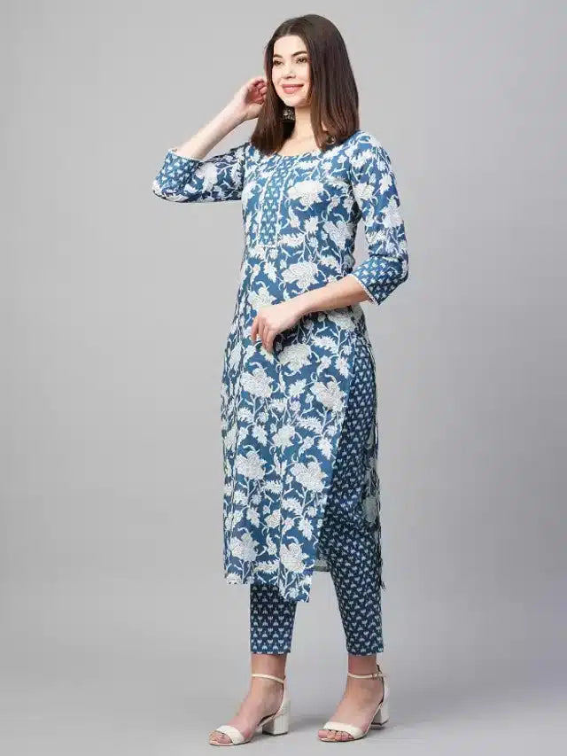 Viscose Rayon Printed Kurta Set for Women (Blue, S )