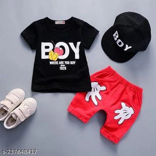 Hosiery Cotton Clothing Set for Boys (Black & Red, 3-6 Months)