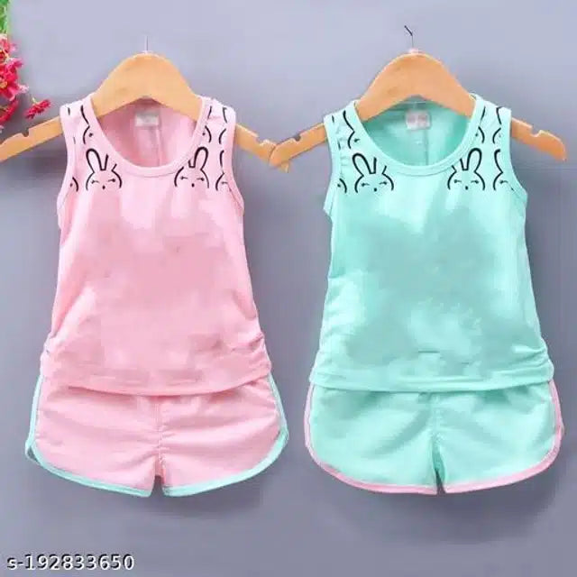 Hosiery Cotton Clothing Set for Kids (Pink & Sea Green, 0-1 Years) (Set of 2)