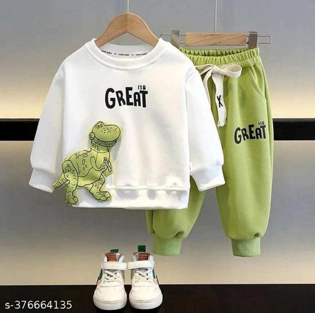 Hosiery Cotton Clothing Set for Boys (White & Green, 3-6 Months)