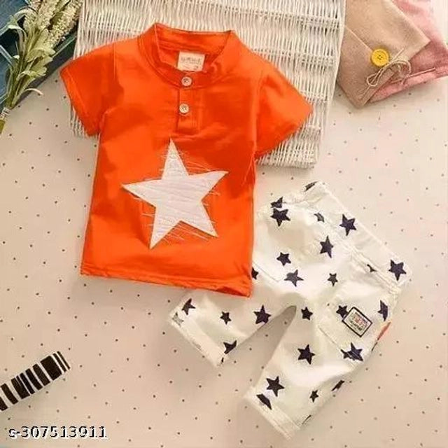 Hosiery Cotton Clothing Set for Boys (Orange & White, 0-3 Months)