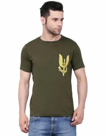 Dashy Club Hand Printed Olive 100% Cotton Round Neck Tshirt