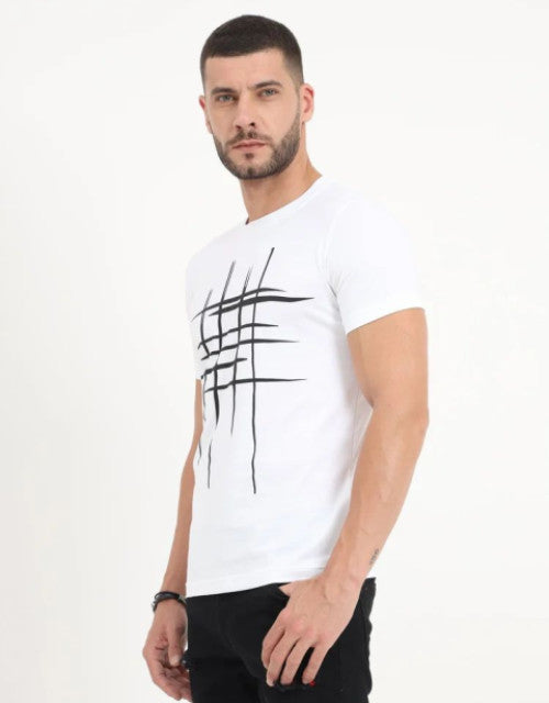 Men Printed Round Neck Organic Cotton White T-Shirt