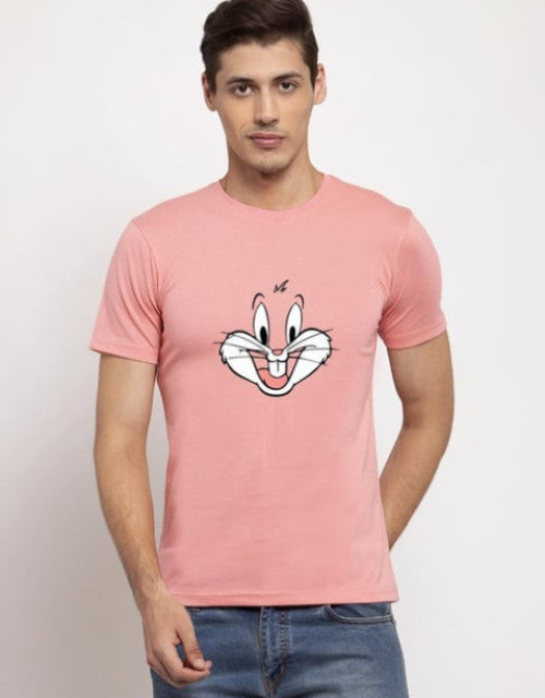 Pink Mens Yellow Cotton Printed T Shirt, Round Neck